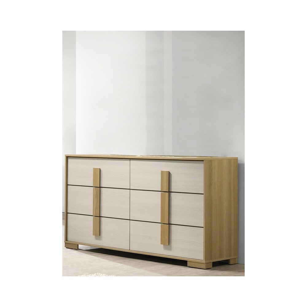 Beige six drawer wood bedroom dresser and matching mirror. Picture 2