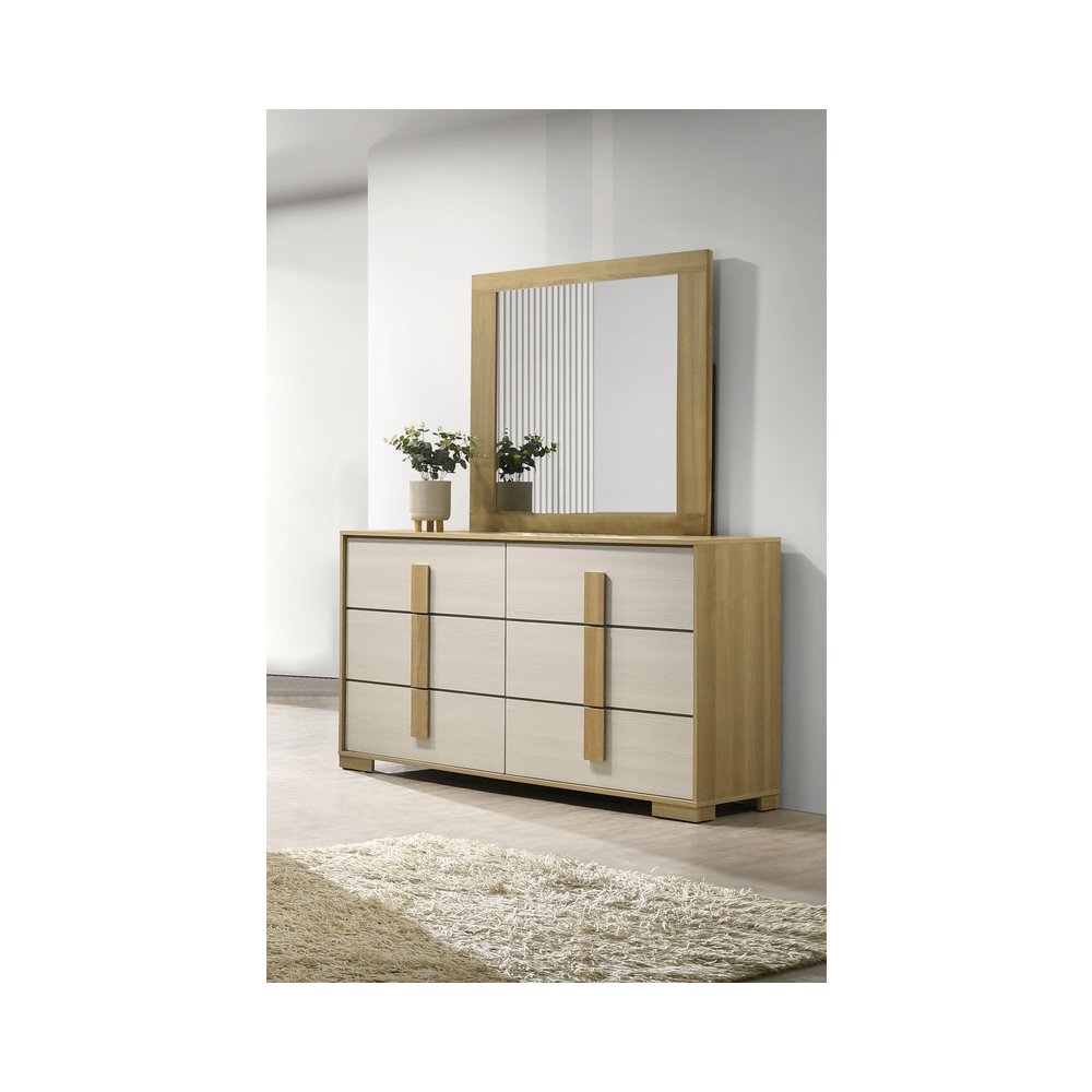 Beige six drawer wood bedroom dresser and matching mirror Beige six drawer wood bedroom dresser and matching mirror