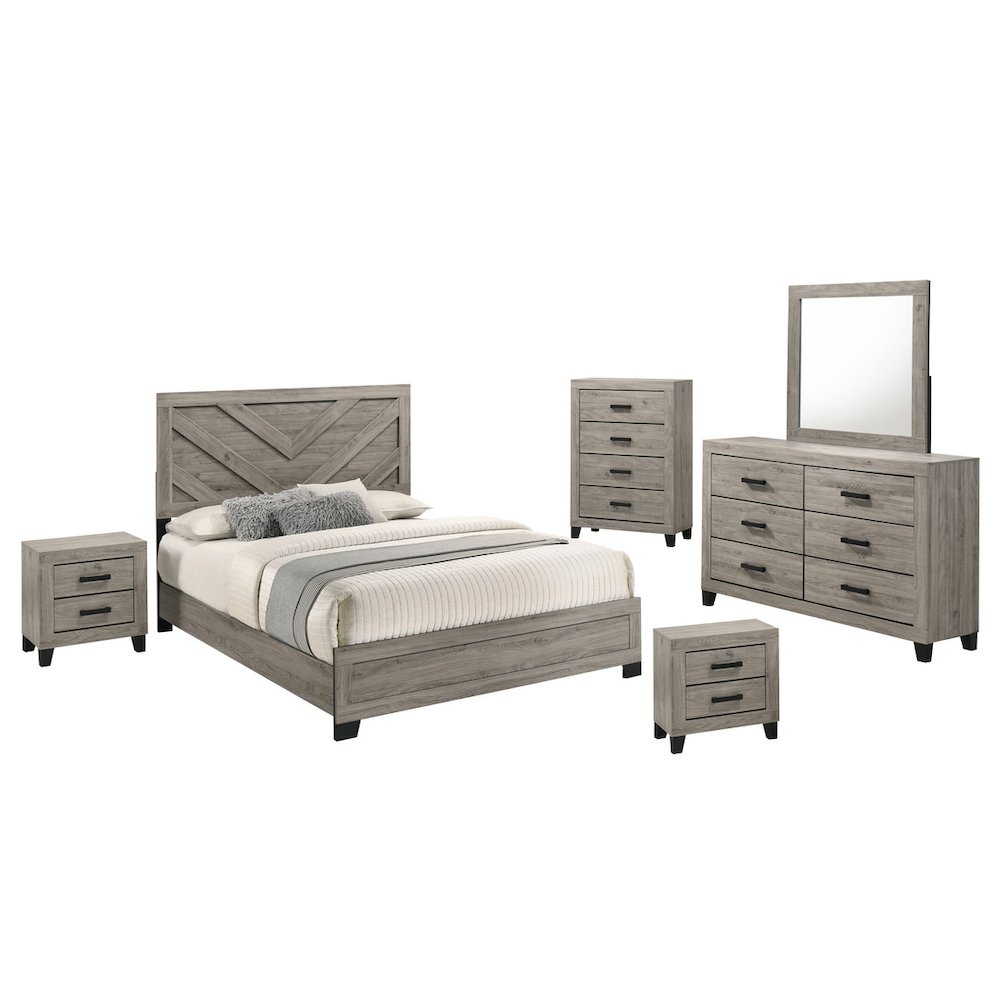 6 piece light gray pannel bedroom set (Bed+2NS+Dresser+Mirror+Chest). Picture 1