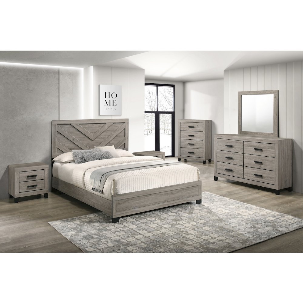 6 piece light gray pannel bedroom set (Bed+2NS+Dresser+Mirror+Chest). Picture 6