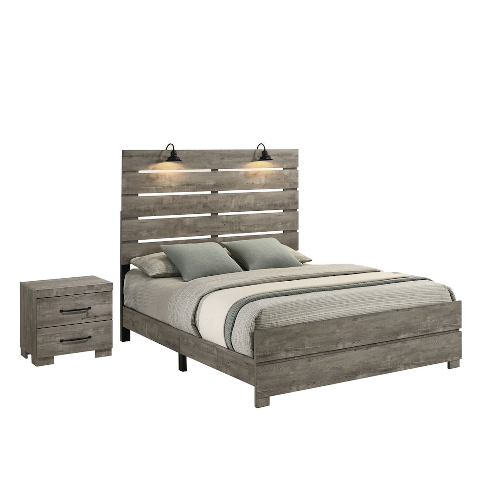 2Pc Modern Full Size Panel Bed With Nightstand In Antique Gray Color. Picture 1