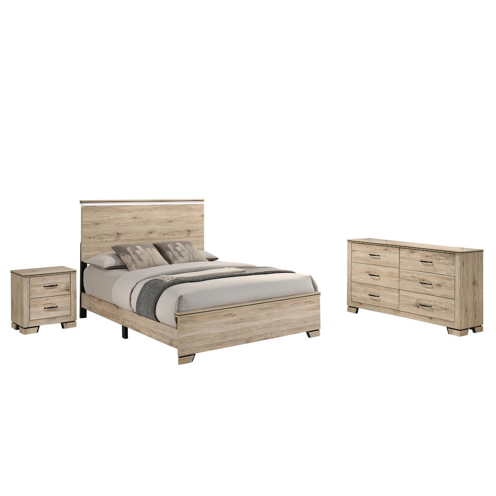 3pc Eastern King Panel Bedroom Set Light Oak (Bed, Dresser, Nightstand). Picture 1