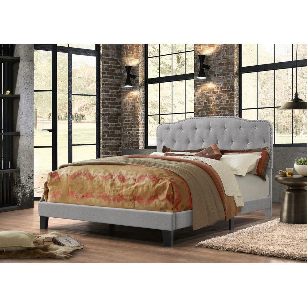 Queen/Full Headboard Gray Linen Upholstered Button Tufted & Nailhead Trim. Picture 2