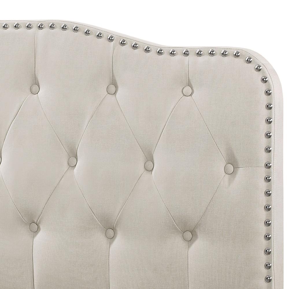 Beige Linen Uph. Panel Bed with Silver Nailhead- Full. Picture 4