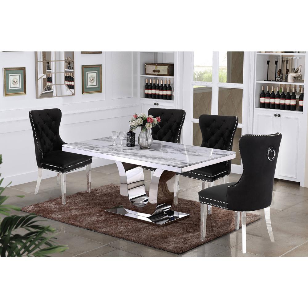 White Marble 5pc Set Tufted Wingback Chairs in Black Velvet. Picture 1