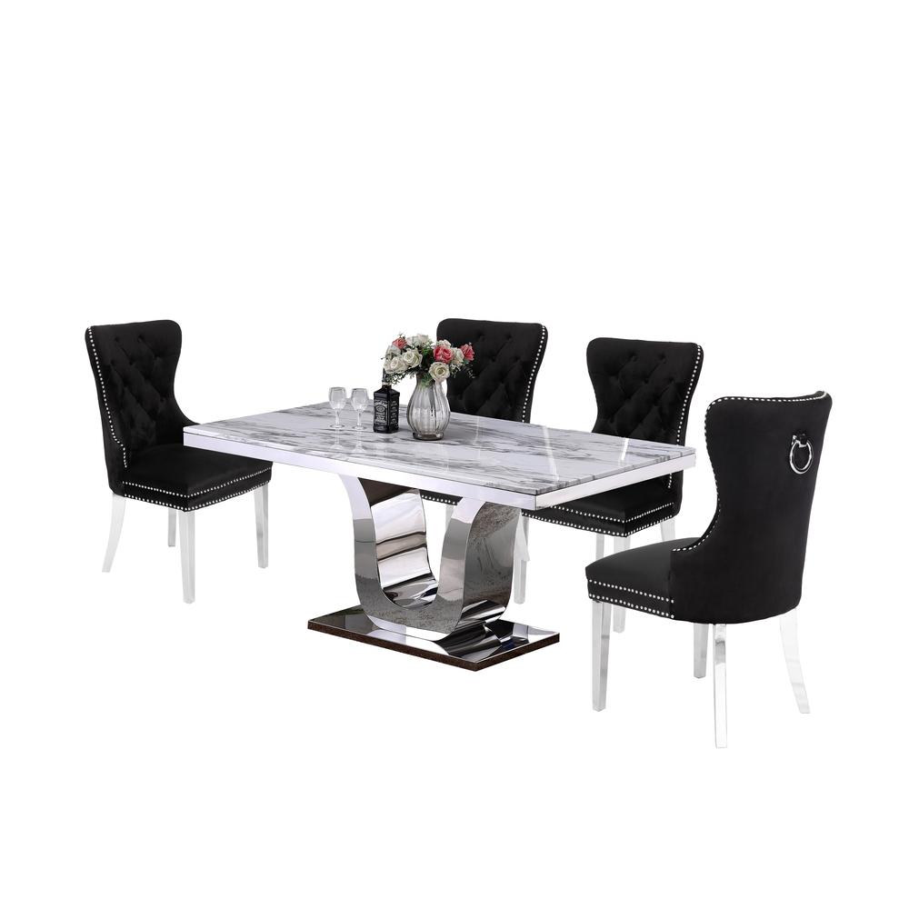 White Marble 5pc Set Tufted Wingback Chairs in Black Velvet. Picture 2