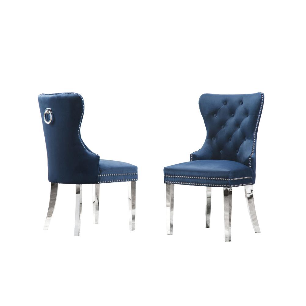 White Marble Round 5 piece Dining Set Ring Chairs in Navy Blue Velvet - Lazy Susan. Picture 4
