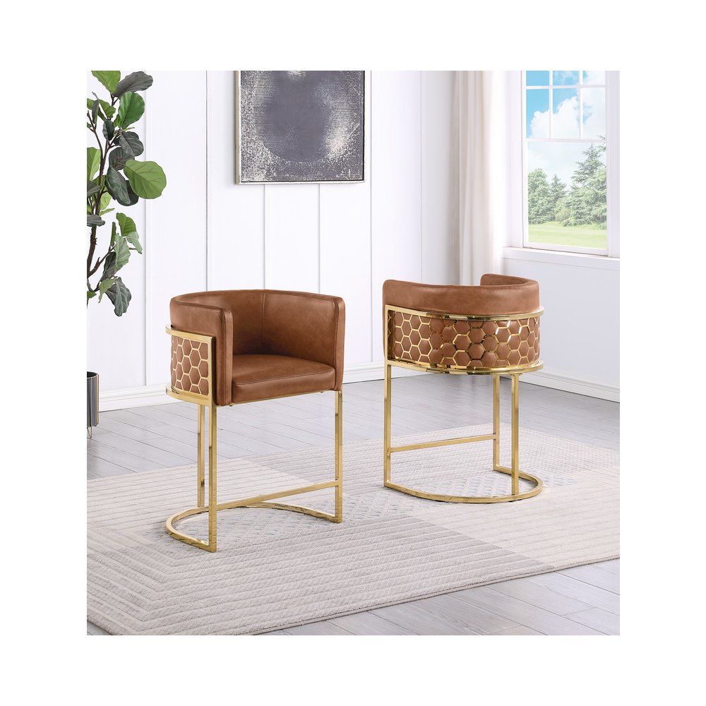 Leaather-Aire Toffee Counterheights 24" with Honeycomb Gold Chrome (Set of 2). Picture 3
