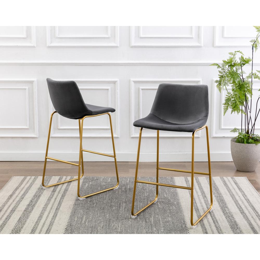 29" Uph Bucket Seat Bar Stool in Dark Grey Velvet, Chrome Gold Base (Set of 2). Picture 2