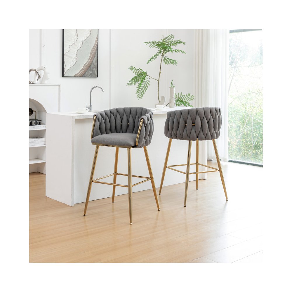 Best Quality Furniure Dark Grey Boucle Fabric With Gold Base Barstools, Set Of 2. Picture 4