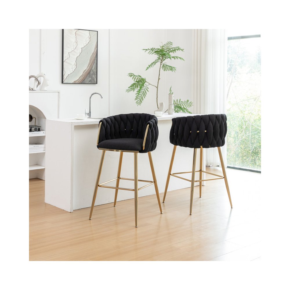 Best Quality Furniure Black Boucle Fabric With Gold Base Barstools, Set Of 2. Picture 4