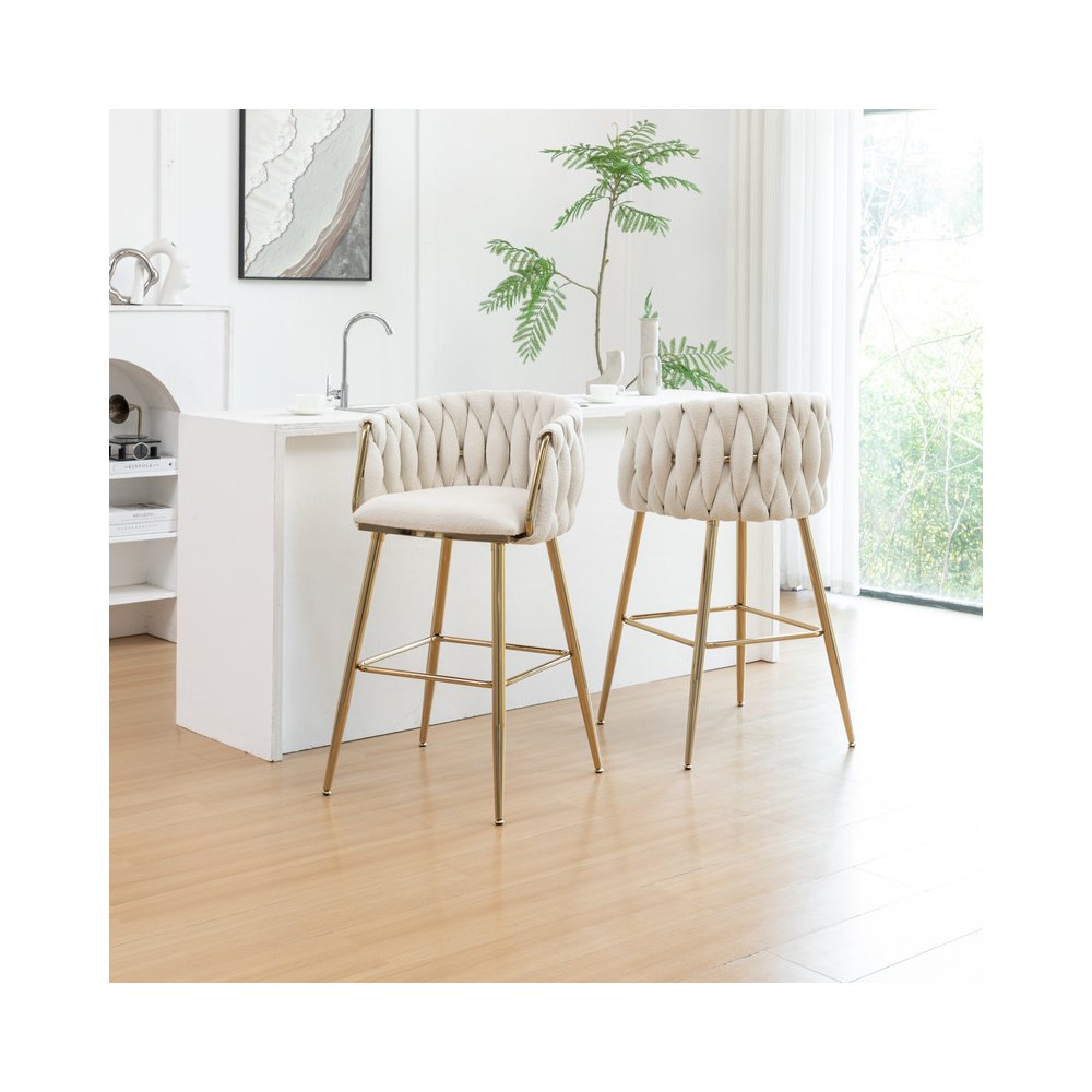 Best Quality Furniure Cream Boucle Fabric With Gold Base Barstools, Set Of 2. Picture 4
