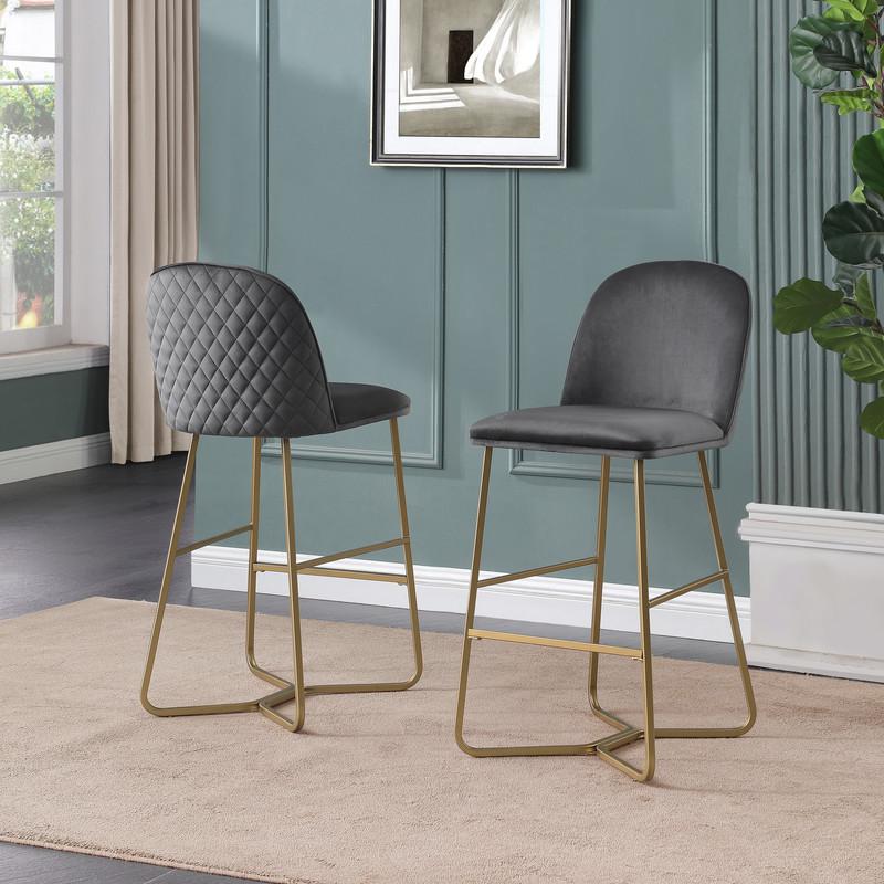 29" Dark gray velvet barstool w/ gold color iron base (set of 2). Picture 3