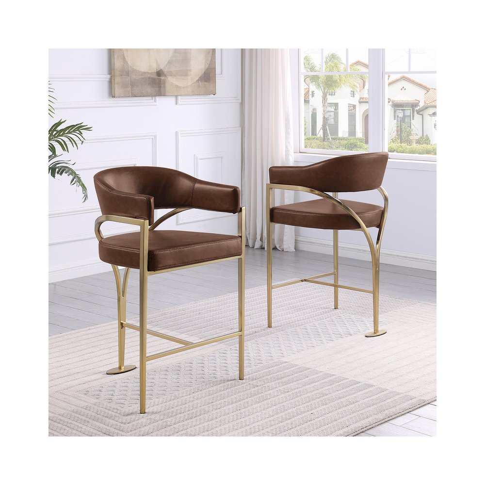Single Leather-Aire Barstool Mocha with Gold Chrome Base. Picture 3