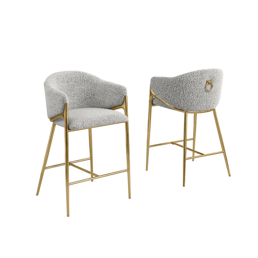 Rich gray barstools (29") in boucle fabric and gold chrome base (SET OF 2). Picture 1