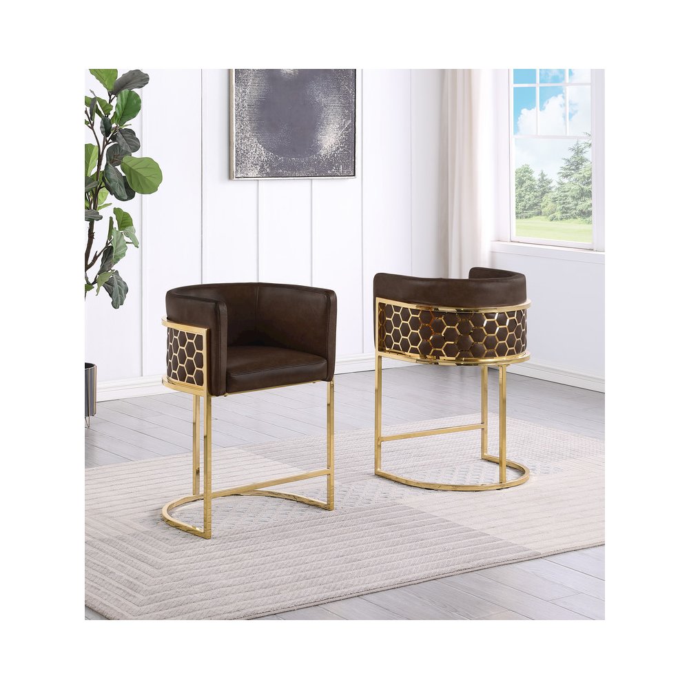 Espresso Leather-Aire Fabric Counterheight with Gold Chrome Base (Set of 2). Picture 3