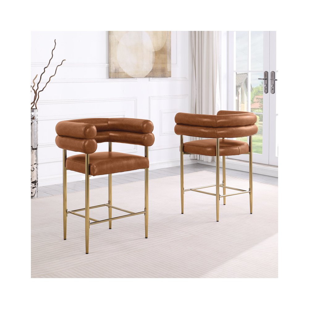 Toffee Leather-Aire Fabric Counterheight with Gold Chrome Base (Set of 2). Picture 2