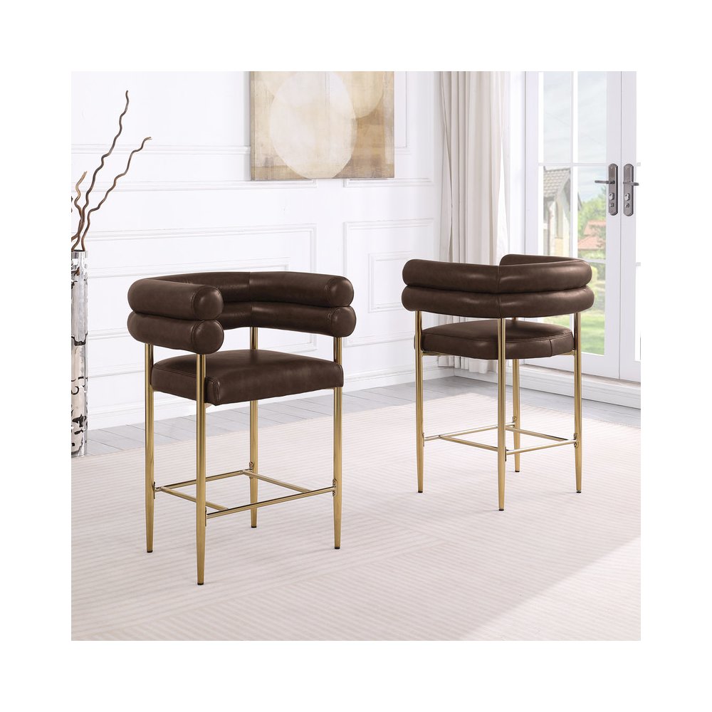 Espresso Leather-Aire Fabric Counterheight with Gold Chrome Base (Set of 2). Picture 2