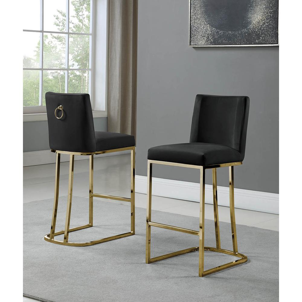 24" Velvet Counter Stool, Black, Chrome Gold Base (Set of 2). Picture 1