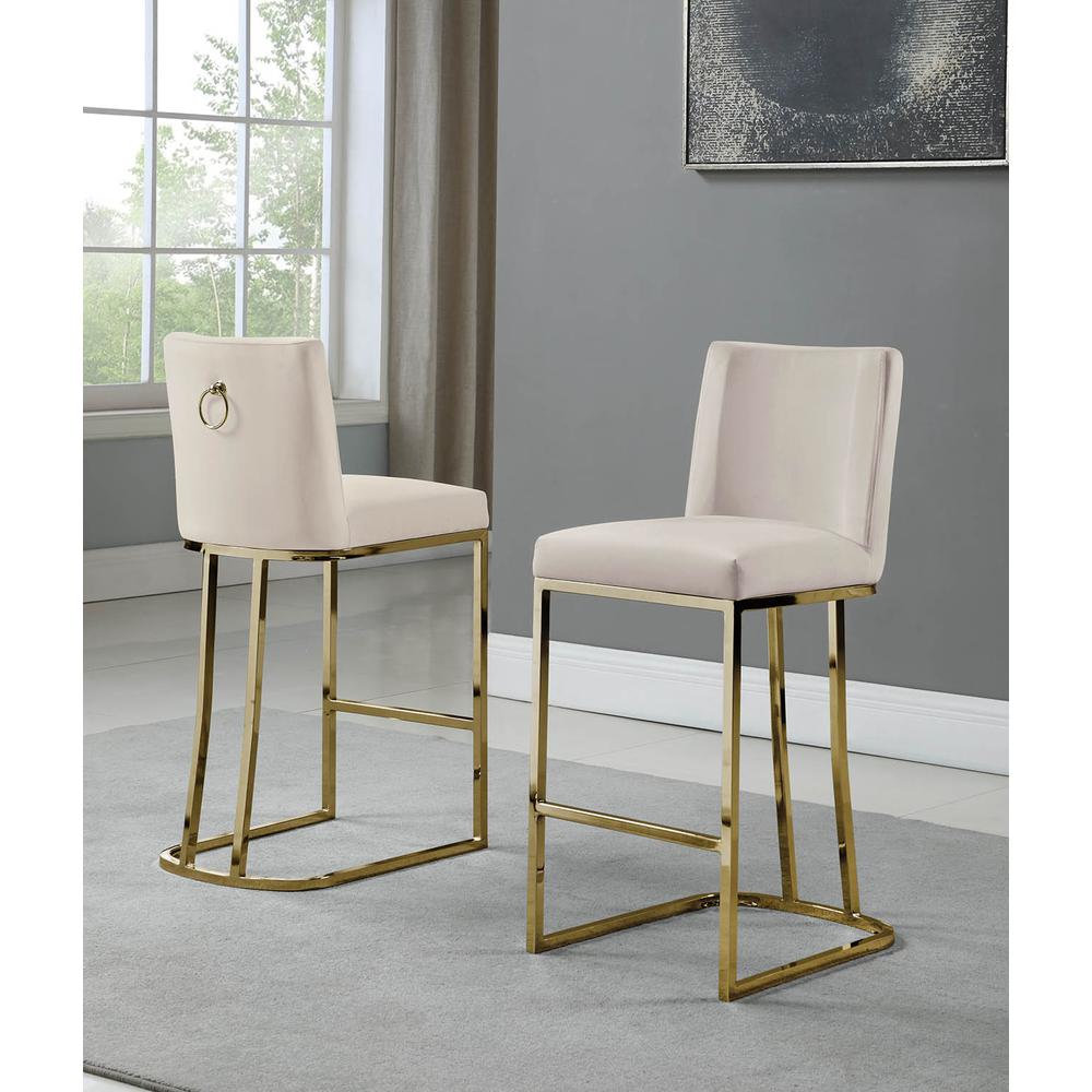 24" Velvet Counter Stool, Beige, Chrome Gold Base (Set of 2). Picture 1
