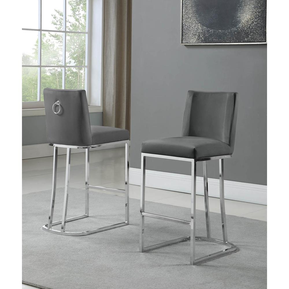 24" Velvet Counter Stool, Dark Grey, Chrome Base (Set of 2). Picture 3
