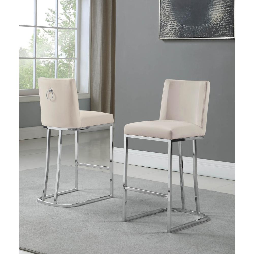 24" Velvet Counter Stool, Beige, Chrome Base (Set of 2). Picture 2