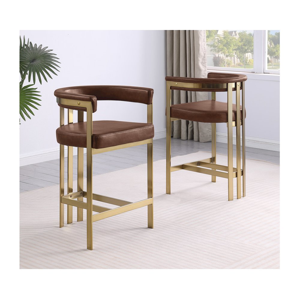 Single Leather-Aire Barstool Mocha with Gold Chrome Base. Picture 3
