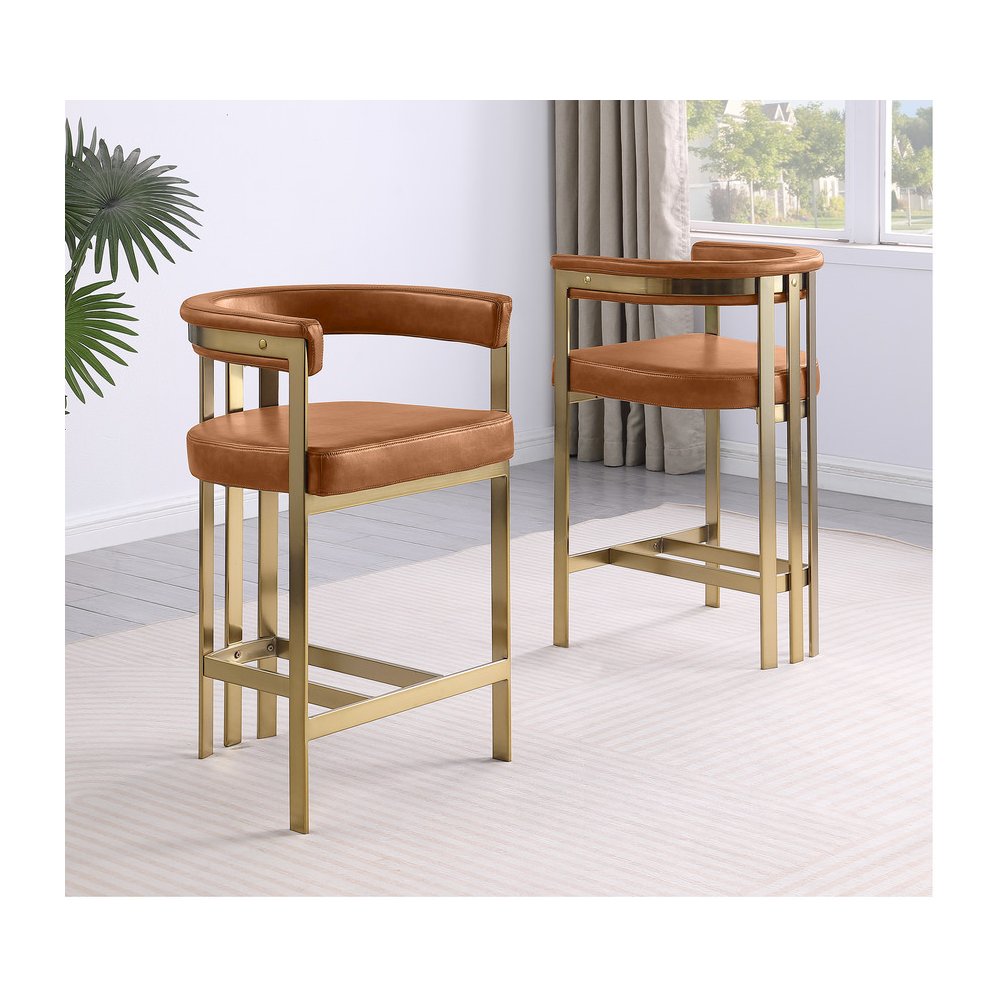 Toffee Leather-Aire Fabric Counterheight with Gold Matte Chrome Base (Set of 2). Picture 3
