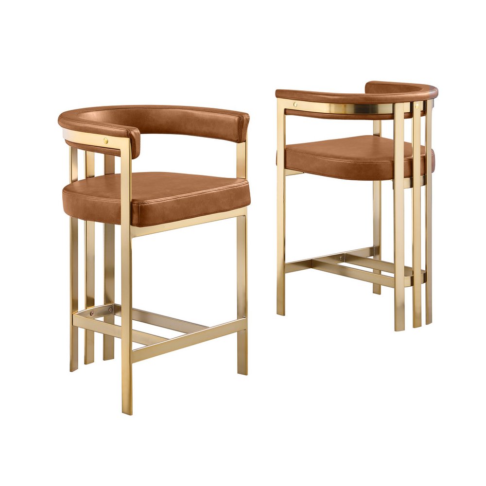 Toffee Leather-Aire Fabric Counterheight with Gold Matte Chrome Base (Set of 2). Picture 1