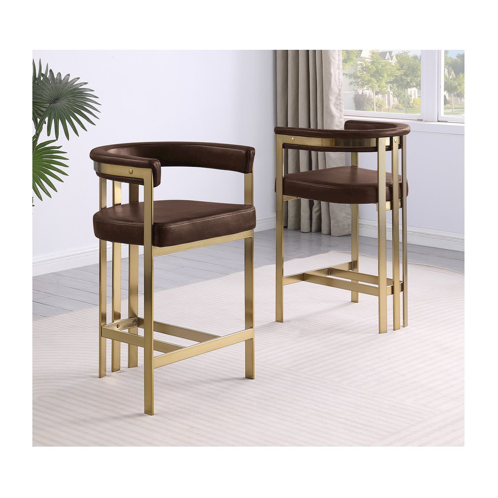 Espresso Leather-Aire Fabric Counterheight with Gold Chrome Base (Set of 2). Picture 3