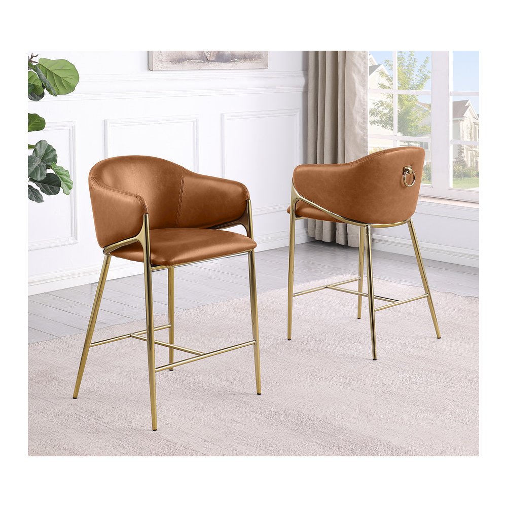 Toffee Leather-Aire Fabric Counterheight with Gold Chrome Base (Set of 2). Picture 3
