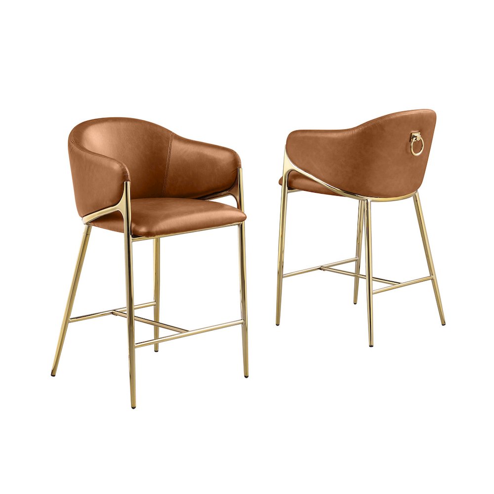 Toffee Leather-Aire Fabric Counterheight with Gold Chrome Base (Set of 2). Picture 1