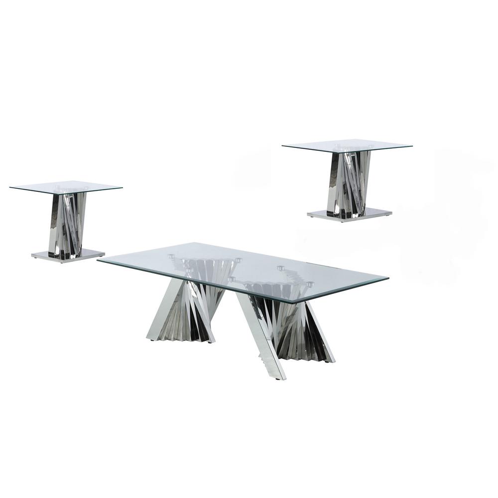 Glass Coffee Table Sets: Coffee Table and 2 End Tables with Stainless Steel Base. Picture 1