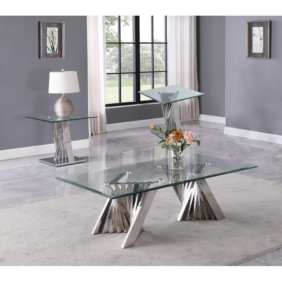 Glass Coffee Table Sets: Coffee Table and 2 End Tables with Stainless Steel Base. Picture 4