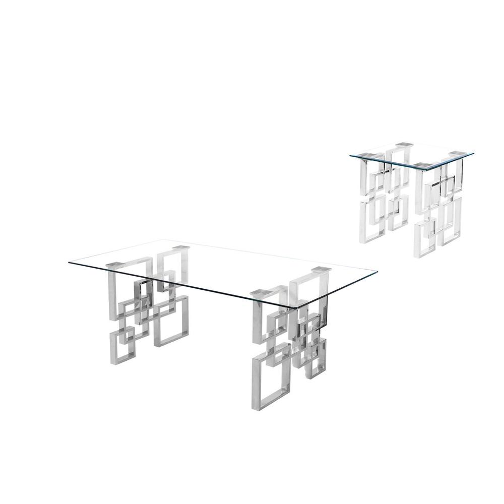 2 Piece Clear Glass Coffee Table with Silver stainless Steel legs and Matching End Table. Picture 1