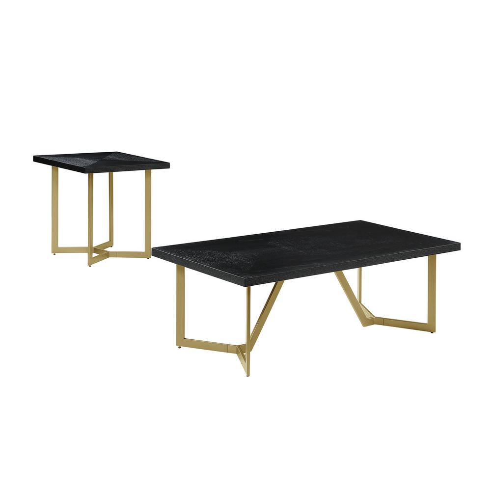 2pc Black wood top coffee set w/gold color iron base (coffee+end table). Picture 1