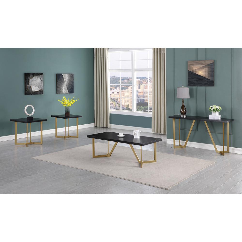 4pc Black wood top coffee table set w/ gold color iron base (1 coffee+2End+1console table). Picture 5