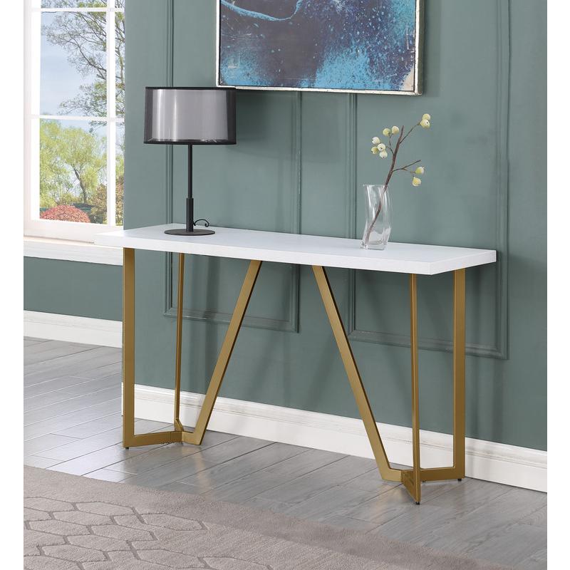 White wood top console table w/ gold color iron legs. Picture 2