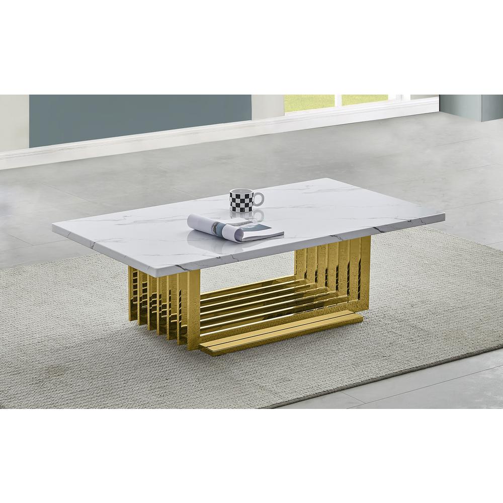 White marble top coffee table with gold color stainless steel base. Picture 3