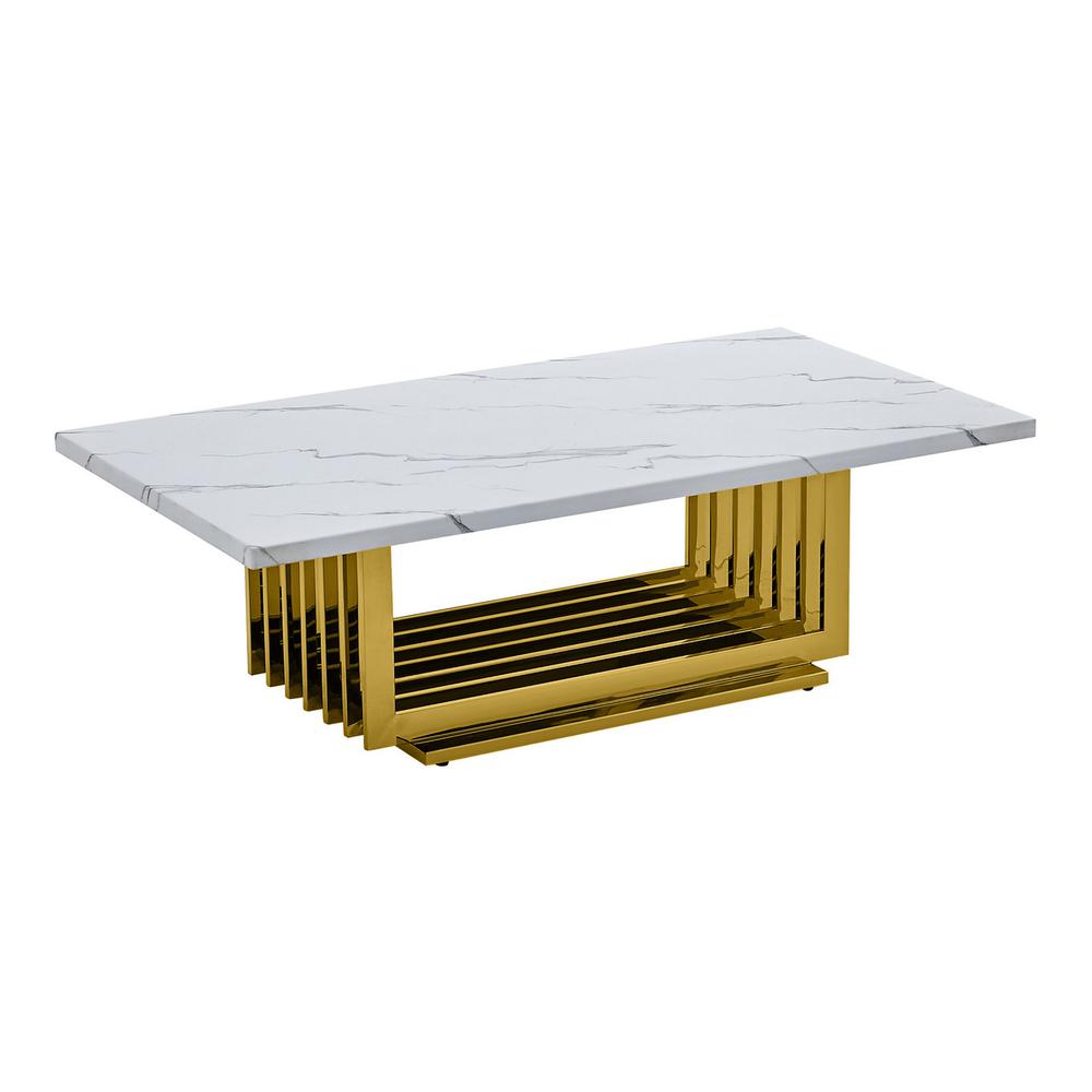 White marble top coffee table with gold color stainless steel base. Picture 1
