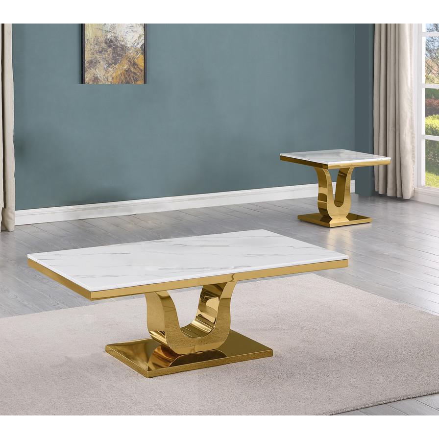 2pc white marble coffee set with a gold color base (Coffee +End table). Picture 2