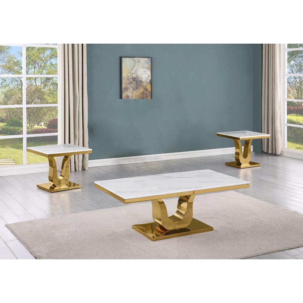 3pc white marble coffee set with a gold color base (Coffee + 2 End table). Picture 5