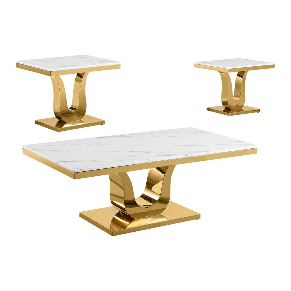 3pc white marble coffee set with a gold color base (Coffee + 2 End table). Picture 1
