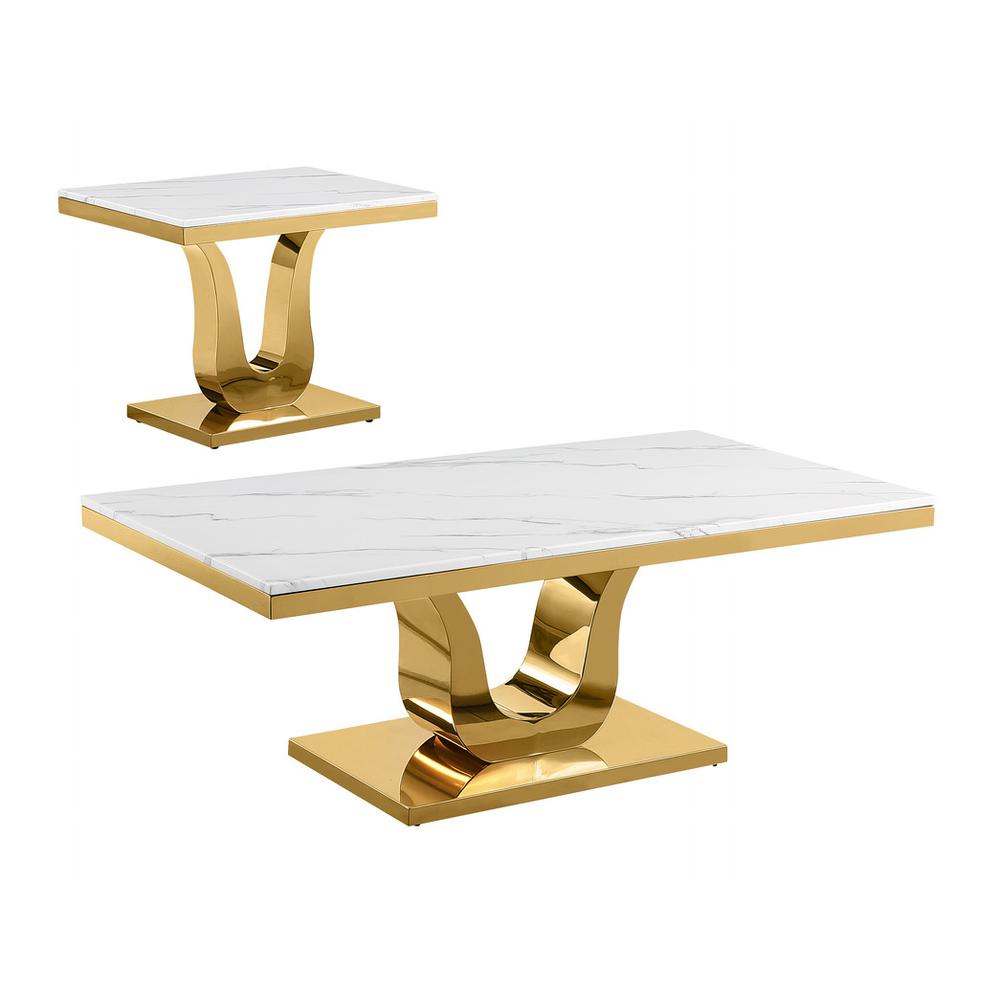 2pc white marble coffee set with a gold color base (Coffee +End table). Picture 1