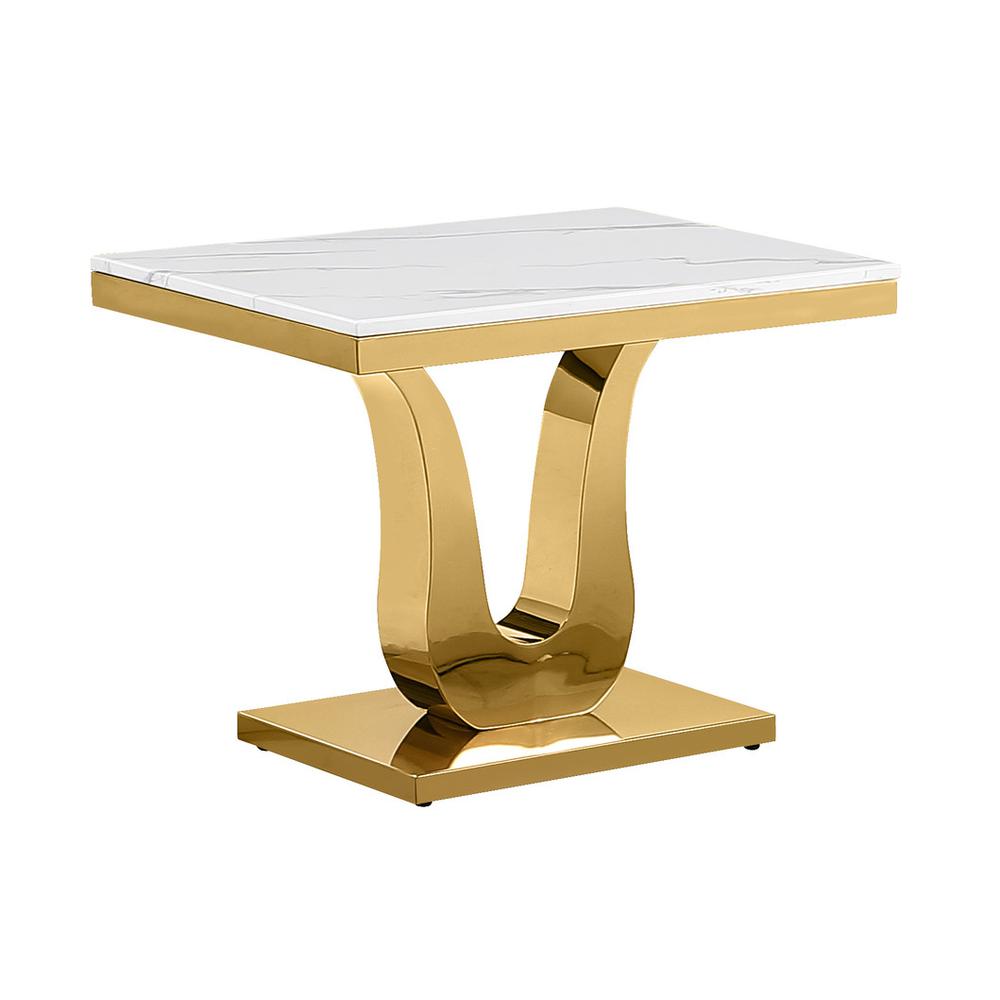 White marble end table with a gold color stainless steel base. Picture 1