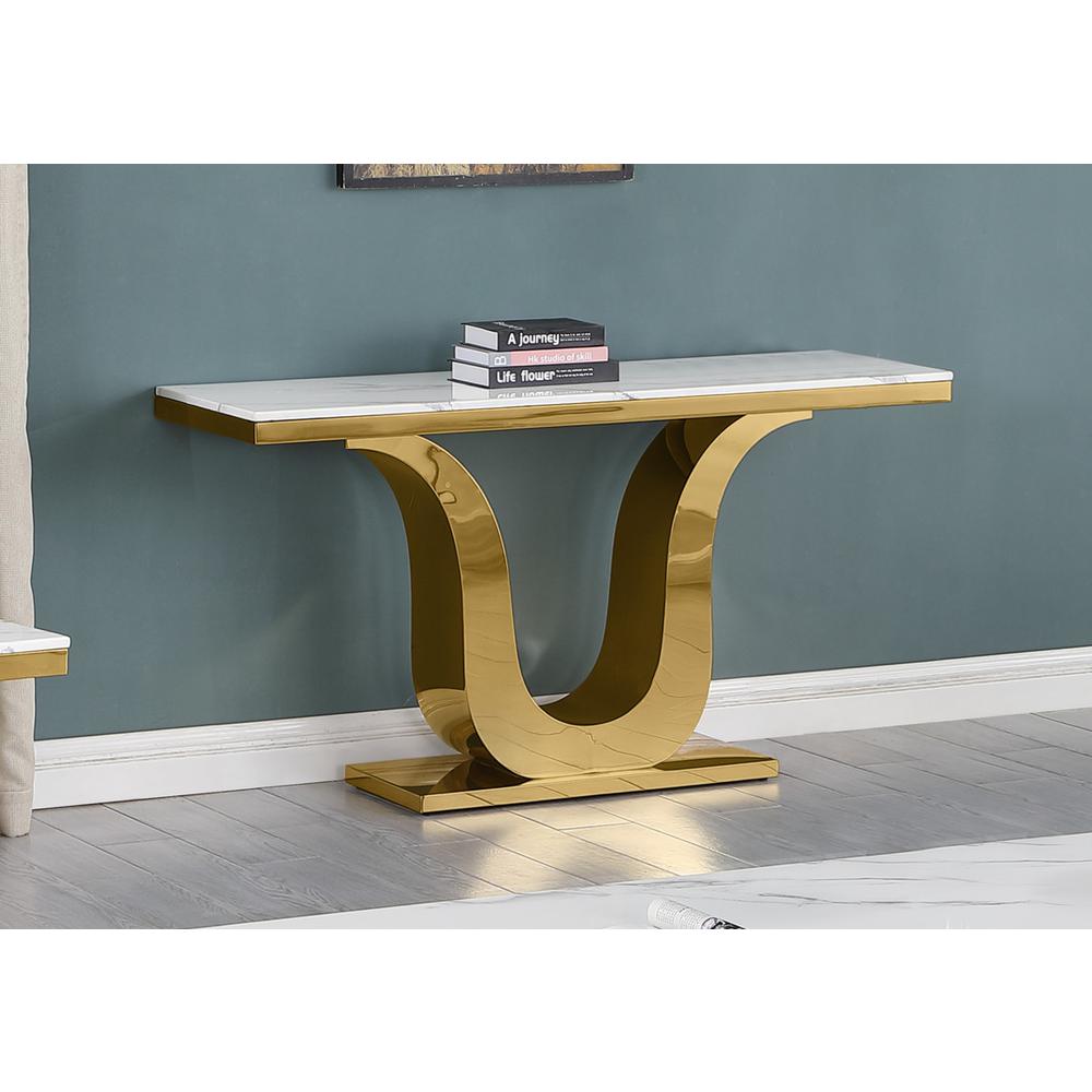White marble console table with a gold color stainless steel base. Picture 3