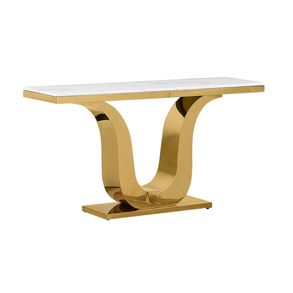 White marble console table with a gold color stainless steel base. Picture 1