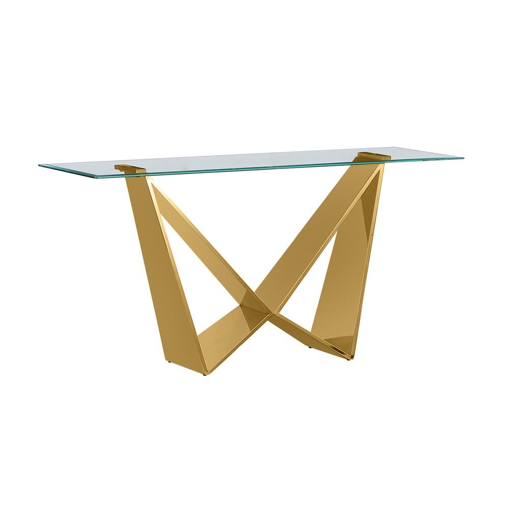 Clear glass Console table with a gold color  base. Picture 1