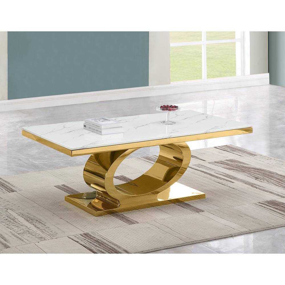 White marble top coffee table with gold color base. Picture 2