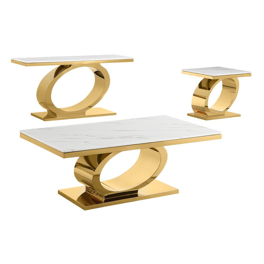 3pc White marble coffee table set with gold color base. Picture 1